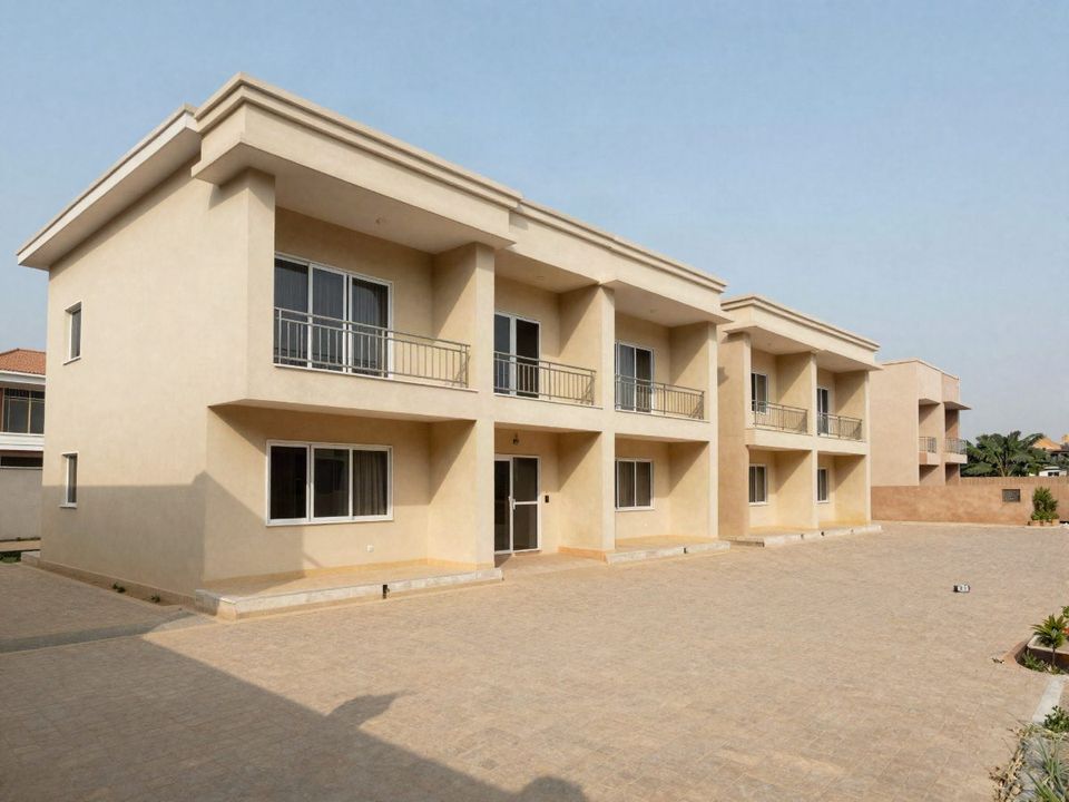 Beige block of flats with balconies in a serviced estate