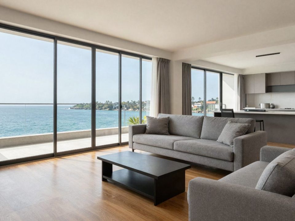Furnished living room with floor-to-ceiling windows and lagoon view