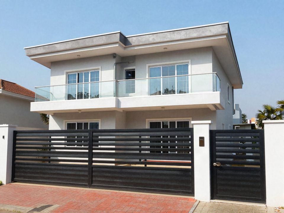 Modern two-storey duplex with glass balcony and black gate