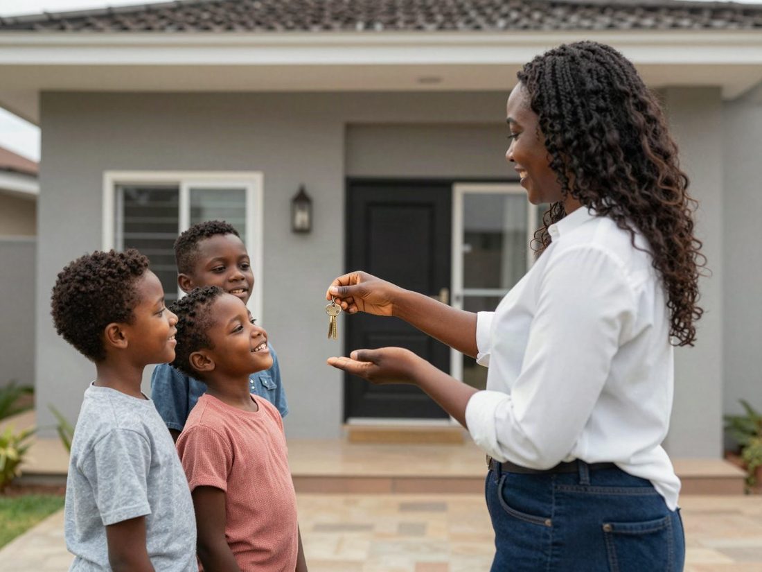 An agent handing house keys to a young family outside their new home